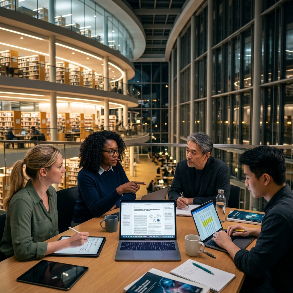 Researchers collaborating on peer review